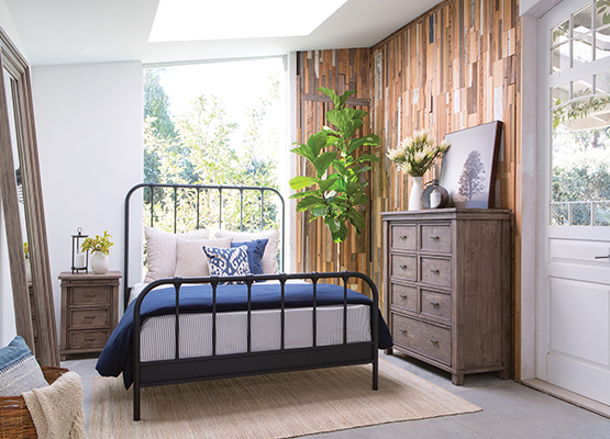 relaxing bedroom wood + iron furniture