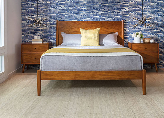 mid-century blue + brown bedroom