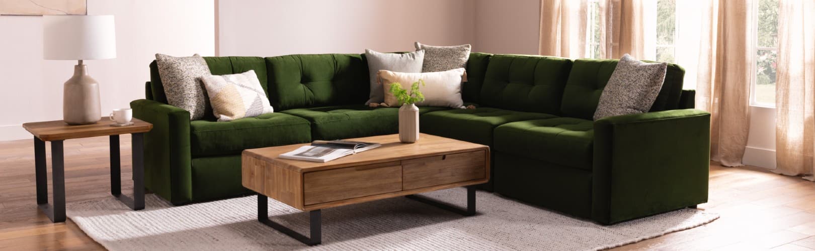 dark green sofa wood coffee table living room