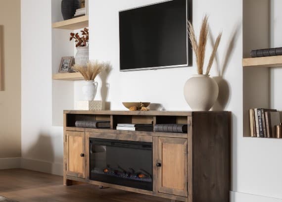 small living room with floating fireplace tv stand