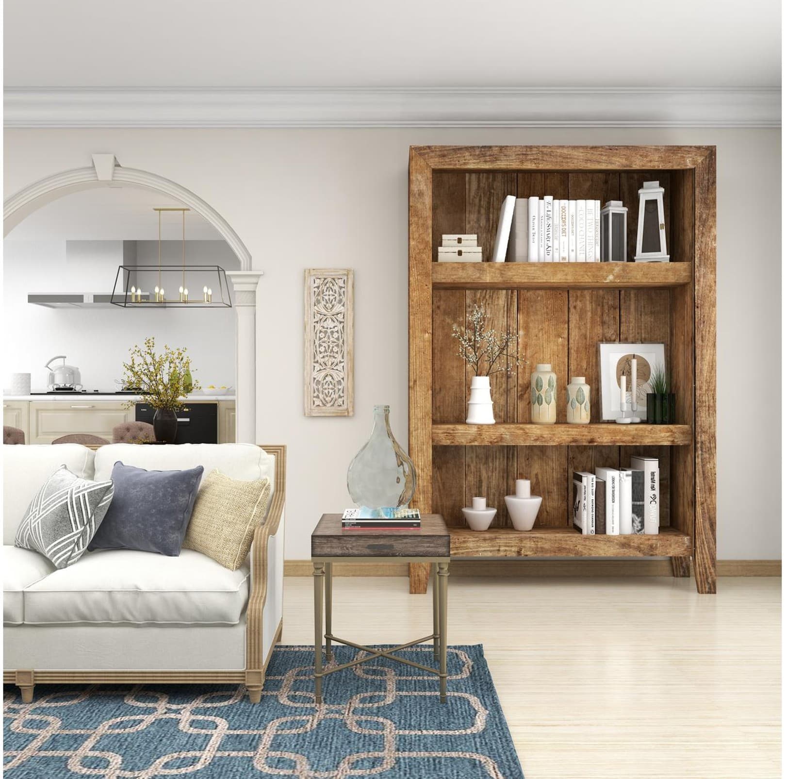 fall living room cozy wood bookcase