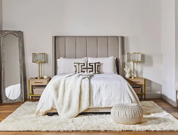 Glam Bedroom with Topanga Grey Queen Velvet Upholstered Panel Bed